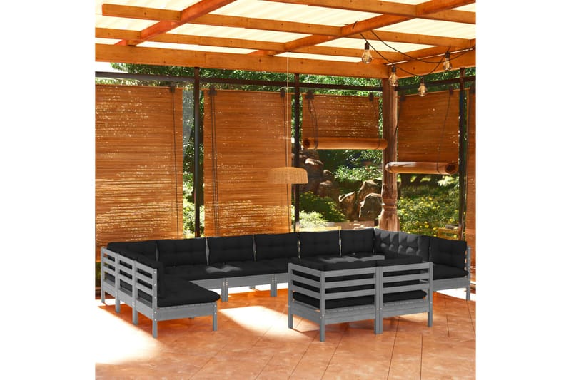loungesæt til haven 12 dele med hynder massivt fyrretræ grå - Grå - Altanmøbler - Sofagrupper udendørs - Loungesæt