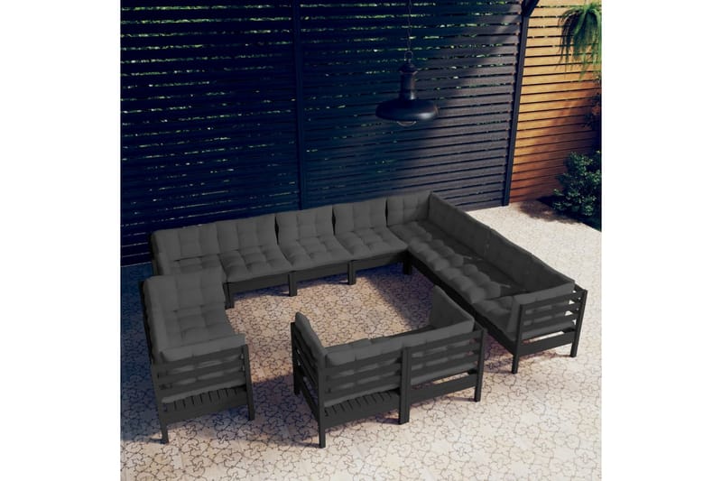 loungesæt til haven 12 dele med hynder massivt fyrretræ sort - Sort - Altanmøbler - Sofagrupper udendørs - Loungesæt