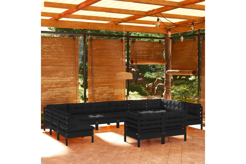 loungesæt til haven 12 dele med hynder massivt fyrretræ sort - Sort - Altanmøbler - Sofagrupper udendørs - Loungesæt