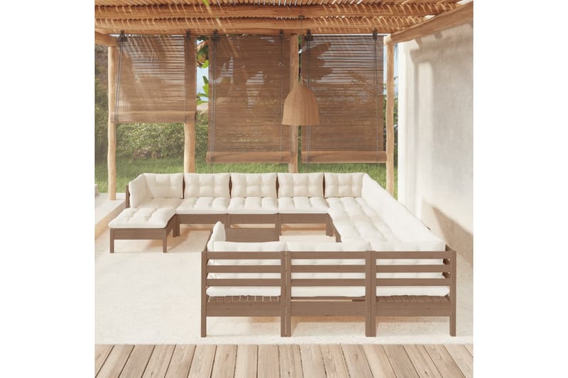 loungesæt til haven 13 dele med hynder fyrretræ gyldenbrun - Brun - Altanmøbler - Sofagrupper udendørs - Loungesæt