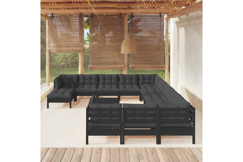 loungesæt til haven 13 dele med hynder fyrretræ sort - Sort - Altanmøbler - Sofagrupper udendørs - Loungesæt