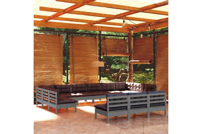 loungesæt til haven 13 dele med hynder massivt fyrretræ grå - Grå - Altanmøbler - Sofagrupper udendørs - Loungesæt