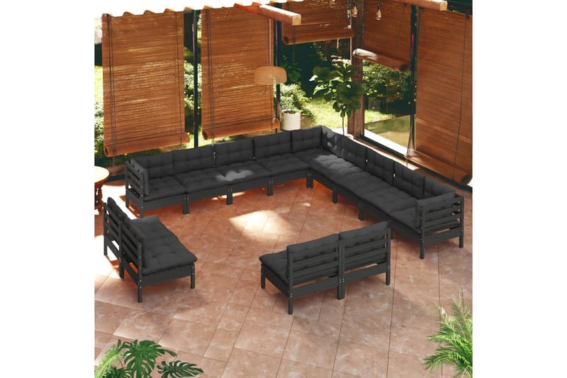 loungesæt til haven 13 dele med hynder massivt fyrretræ sort - Sort - Altanmøbler - Sofagrupper udendørs - Loungesæt