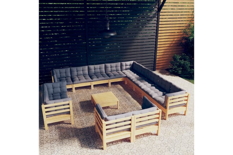 loungesæt til haven 14 dele med grå hynder massivt fyrretræ - Grå - Altanmøbler - Sofagrupper udendørs - Loungesæt