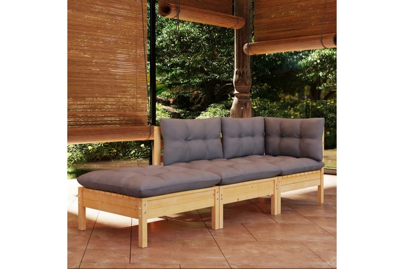 loungesæt til haven 3 dele med grå hynder massivt fyrretræ - Grå - Altanmøbler - Sofagrupper udendørs - Loungesæt
