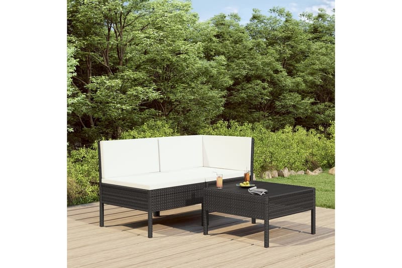 Loungesæt Til Haven 3 Dele Med Hynder Polyrattan Sort - Sort - Havemøbler - Loungemøbler - Loungesæt