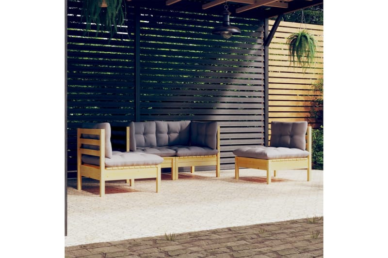 loungesæt til haven 4 dele med grå hynder massivt fyrretræ - Grå - Altanmøbler - Sofagrupper udendørs - Loungesæt