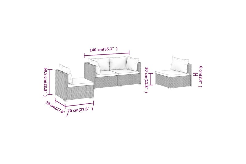 loungesæt til haven 4 dele med hynder polyrattan sort - Sort - Altanmøbler - Sofagrupper udendørs - Loungesæt