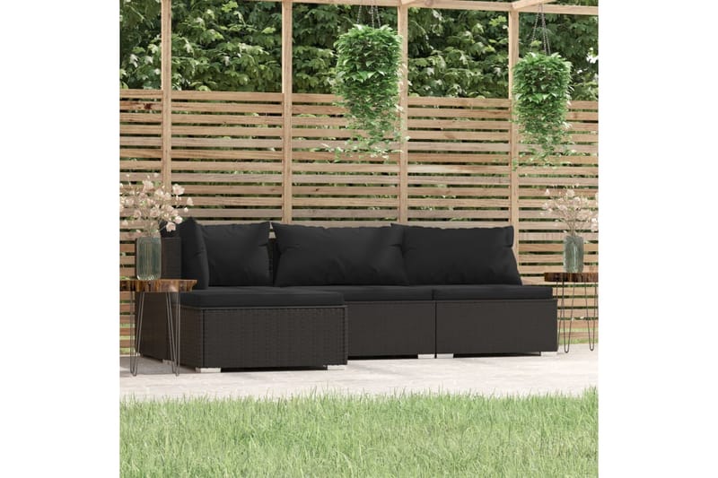 loungesæt til haven 4 dele med hynder polyrattan sort - Sort - Havemøbler - Loungemøbler - Loungesæt