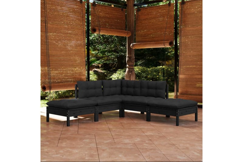 loungesæt til haven 5 dele med hynder fyrretræ sort - Sort - Altanmøbler - Sofagrupper udendørs - Loungesæt