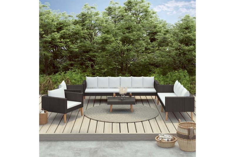 Loungesæt til haven 5 dele med hynder polyrattan sort - Sort - Altanmøbler - Sofagrupper udendørs - Loungesæt