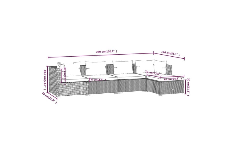 loungesæt til haven 5 dele med hynder polyrattan brun - Brun - Altanmøbler - Sofagrupper udendørs - Loungesæt