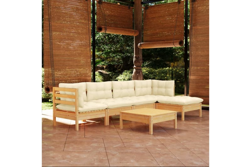 loungesæt til haven 6 dele med cremefarvede hynder fyrretræ - Creme - Altanmøbler - Sofagrupper udendørs - Loungesæt