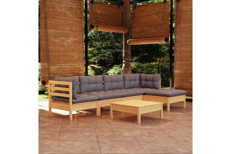 loungesæt til haven 6 dele med grå hynder fyrretræ - Grå - Altanmøbler - Sofagrupper udendørs - Loungesæt