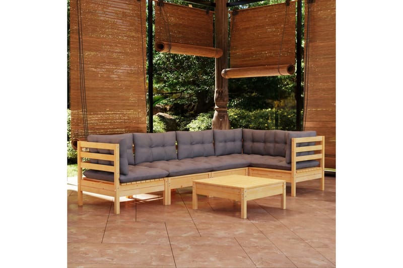 loungesæt til haven 6 dele med grå hynder fyrretræ - Grå - Altanmøbler - Sofagrupper udendørs - Loungesæt