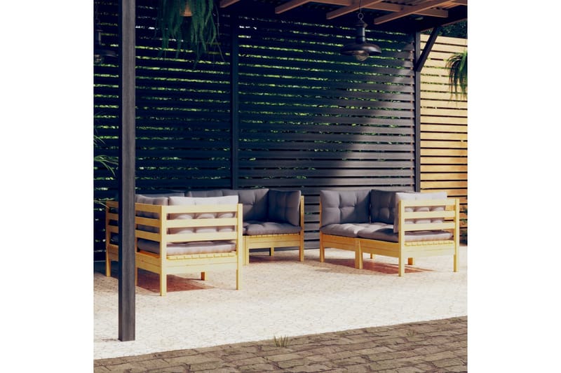 loungesæt til haven 6 dele med grå hynder massivt fyrretræ - Grå - Altanmøbler - Sofagrupper udendørs - Loungesæt