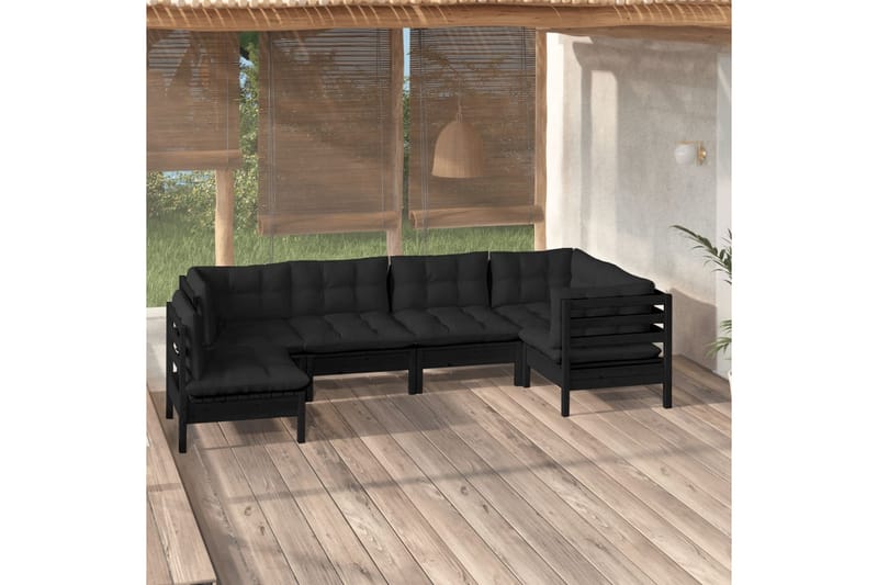 loungesæt til haven 6 dele med hynder fyrretræ sort - Sort - Altanmøbler - Sofagrupper udendørs - Loungesæt
