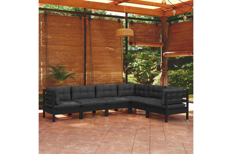 loungesæt til haven 6 dele med hynder massivt fyrretræ sort - Sort - Altanmøbler - Sofagrupper udendørs - Loungesæt