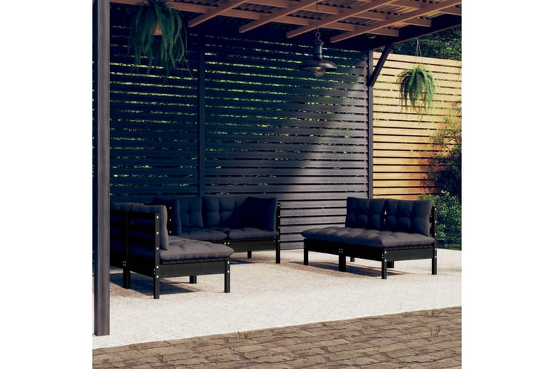 loungesæt til haven 6 dele med hynder massivt fyrretræ sort - Sort - Altanmøbler - Sofagrupper udendørs - Loungesæt