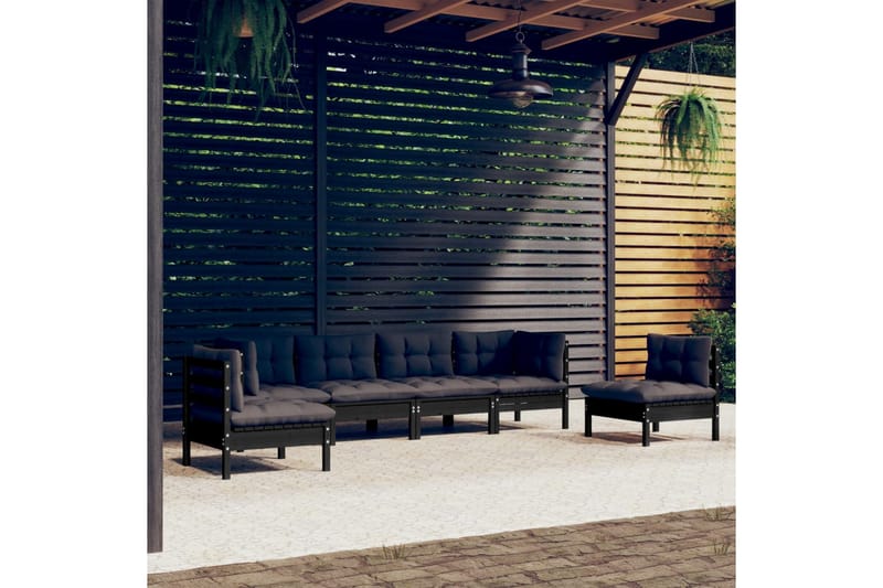 loungesæt til haven 6 dele med hynder massivt fyrretræ - Sort - Altanmøbler - Sofagrupper udendørs - Loungesæt