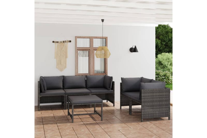 loungesæt til haven 6 dele med hynder polyrattan grå - Grå - Havemøbler - Loungemøbler - Loungesæt