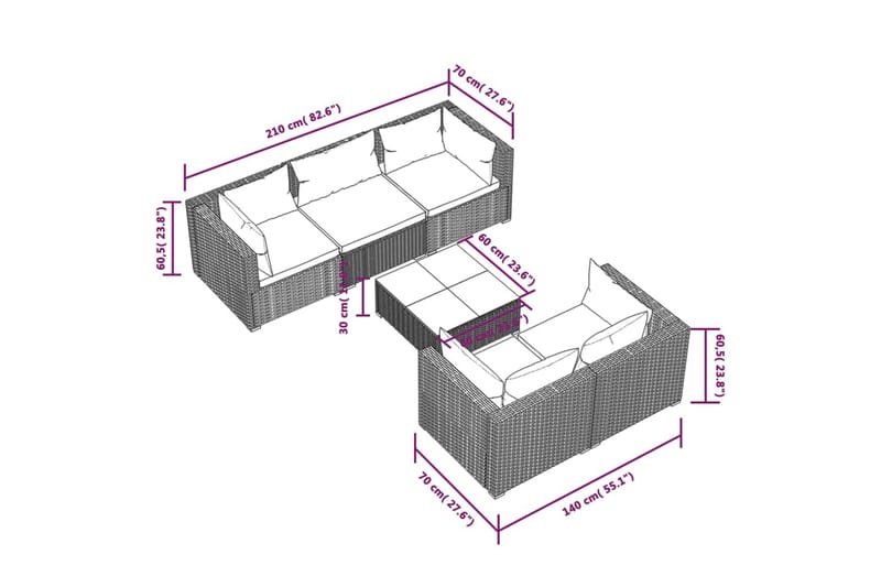 loungesæt til haven 6 dele med hynder polyrattan sort - Sort - Altanmøbler - Sofagrupper udendørs - Loungesæt