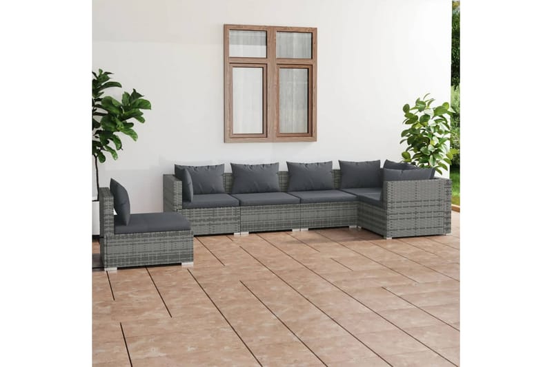 loungesæt til haven 6 dele med hynder polyrattan grå - Grå - Altanmøbler - Sofagrupper udendørs - Loungesæt