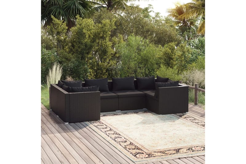 loungesæt til haven 6 dele med hynder polyrattan sort - Sort - Havemøbler - Loungemøbler - Loungesæt