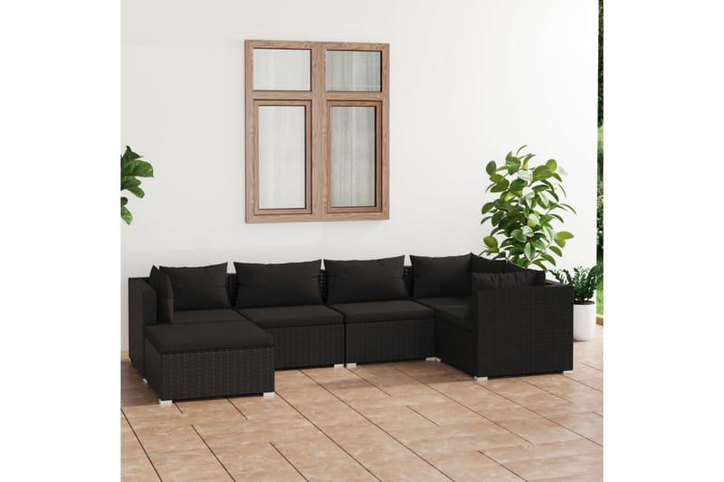 loungesæt til haven 6 dele med hynder polyrattan sort - Sort - Altanmøbler - Sofagrupper udendørs - Loungesæt