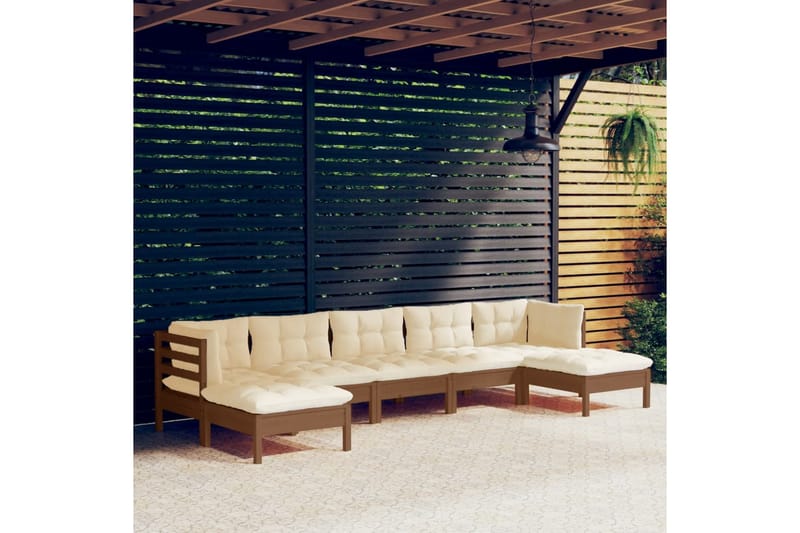 loungesæt til haven 7 dele med hynder fyrretræ gyldenbrun - Brun - Altanmøbler - Sofagrupper udendørs - Loungesæt