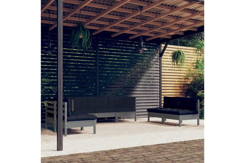 loungesæt til haven 7 dele med hynder massivt fyrretræ - Grå - Altanmøbler - Sofagrupper udendørs - Loungesæt