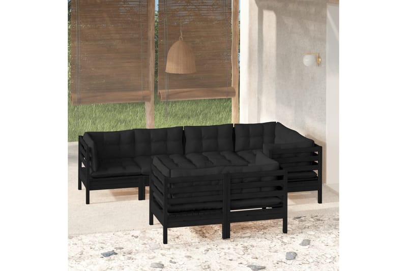 loungesæt til haven 7 dele med hynder massivt fyrretræ sort - Sort - Altanmøbler - Sofagrupper udendørs - Loungesæt