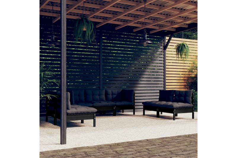 loungesæt til haven 7 dele med hynder massivt fyrretræ sort - Sort - Altanmøbler - Sofagrupper udendørs - Loungesæt