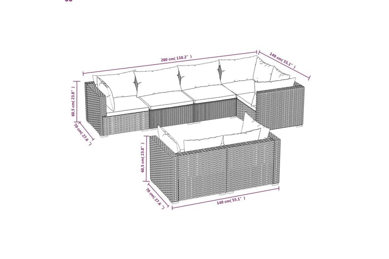 loungesæt til haven 7 dele med hynder polyrattan brun - Brun - Altanmøbler - Sofagrupper udendørs - Loungesæt