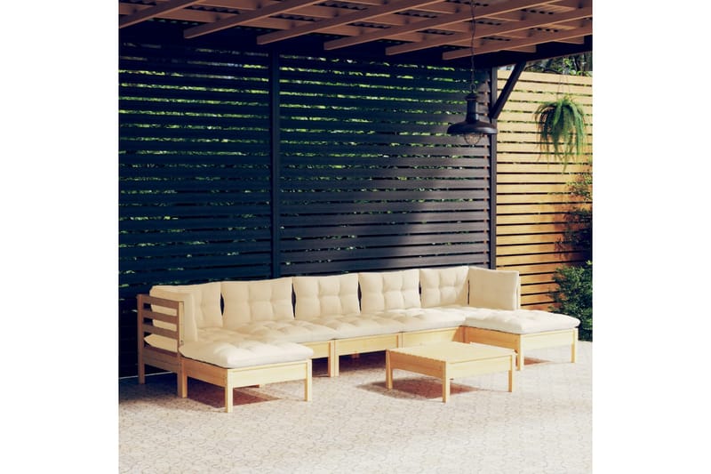 loungesæt til haven 8 dele med cremefarvede hynder fyrretræ - Creme - Altanmøbler - Sofagrupper udendørs - Loungesæt