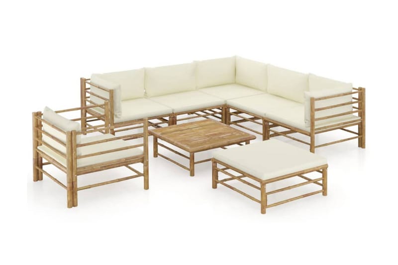 Loungesæt til haven 8 dele med cremehvide hynder bambus - Brun - Altanmøbler - Sofagrupper udendørs - Loungesæt