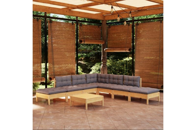 loungesæt til haven 8 dele med grå hynder fyrretræ - Grå - Altanmøbler - Sofagrupper udendørs - Loungesæt