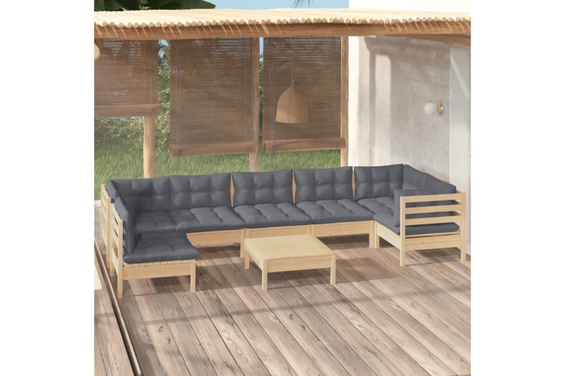 loungesæt til haven 8 dele med grå hynder fyrretræ - Grå - Havemøbler - Loungemøbler - Loungesæt