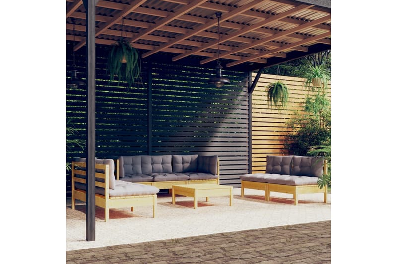 loungesæt til haven 8 dele med grå hynder massivt fyrretræ - Grå - Altanmøbler - Sofagrupper udendørs - Loungesæt