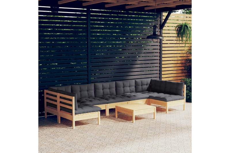 loungesæt til haven 8 dele med grå hynder massivt fyrretræ - Grå - Altanmøbler - Sofagrupper udendørs - Loungesæt
