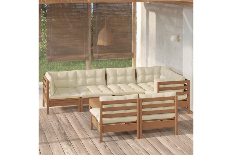 loungesæt til haven 8 dele med hynder fyrretræ gyldenbrun - Brun - Altanmøbler - Sofagrupper udendørs - Loungesæt