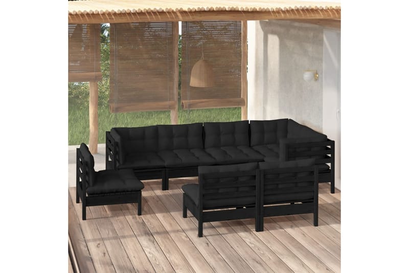 loungesæt til haven 8 dele med hynder massivt fyrretræ sort - Sort - Altanmøbler - Sofagrupper udendørs - Loungesæt