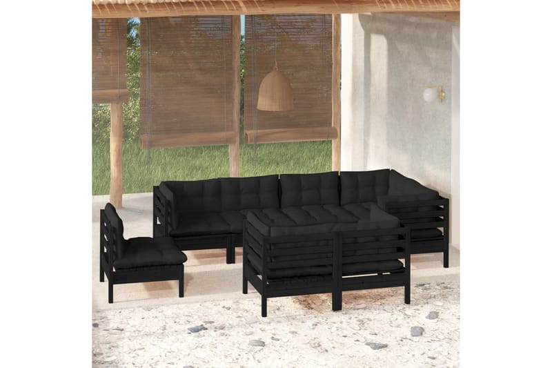 loungesæt til haven 8 dele med hynder massivt fyrretræ sort - Sort - Altanmøbler - Sofagrupper udendørs - Loungesæt