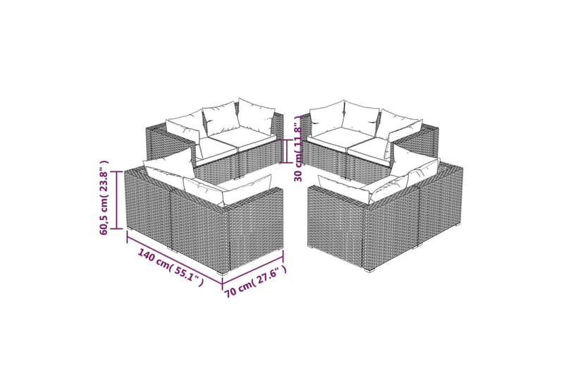 loungesæt til haven 8 dele med hynder polyrattan brun - Brun - Altanmøbler - Sofagrupper udendørs - Loungesæt