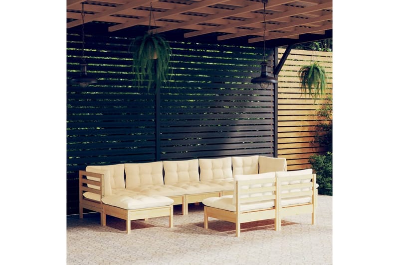 loungesæt til haven 9 dele med cremefarvede hynder fyrretræ - Creme - Altanmøbler - Sofagrupper udendørs - Loungesæt