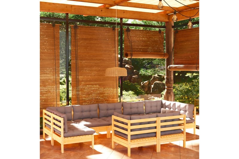 loungesæt til haven 9 dele med grå hynder fyrretræ - Grå - Altanmøbler - Sofagrupper udendørs - Loungesæt