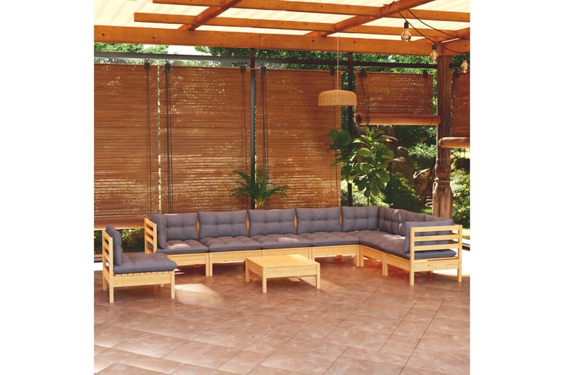 loungesæt til haven 9 dele med grå hynder massivt fyrretræ - Grå - Altanmøbler - Sofagrupper udendørs - Loungesæt