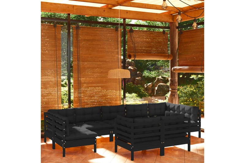 loungesæt til haven 9 dele med hynder fyrretræ sort - Sort - Altanmøbler - Sofagrupper udendørs - Loungesæt