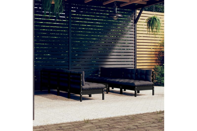 loungesæt til haven 9 dele med hynder massivt fyrretræ sort - Sort - Altanmøbler - Sofagrupper udendørs - Loungesæt