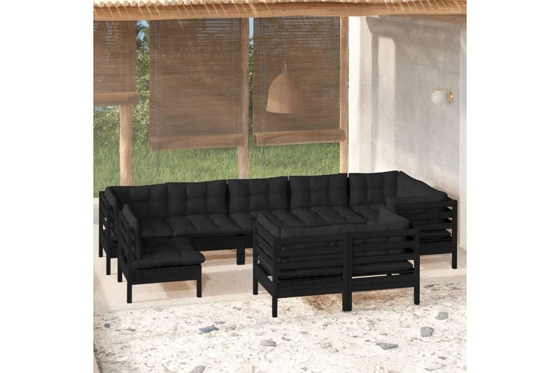 loungesæt til haven 9 dele med hynder massivt fyrretræ sort - Sort - Altanmøbler - Sofagrupper udendørs - Loungesæt
